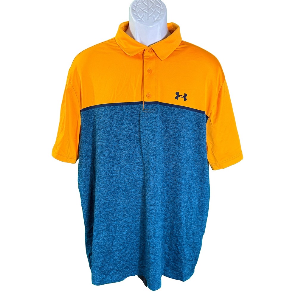 Under Armour Playoff Polo Mens XL Orange Blue Colorblock HeatGear Loose Fit